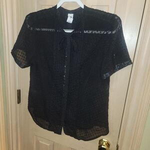 Misses Sz L Gap Sheer Black Blouse Shirt Button Down Block Design Feminine